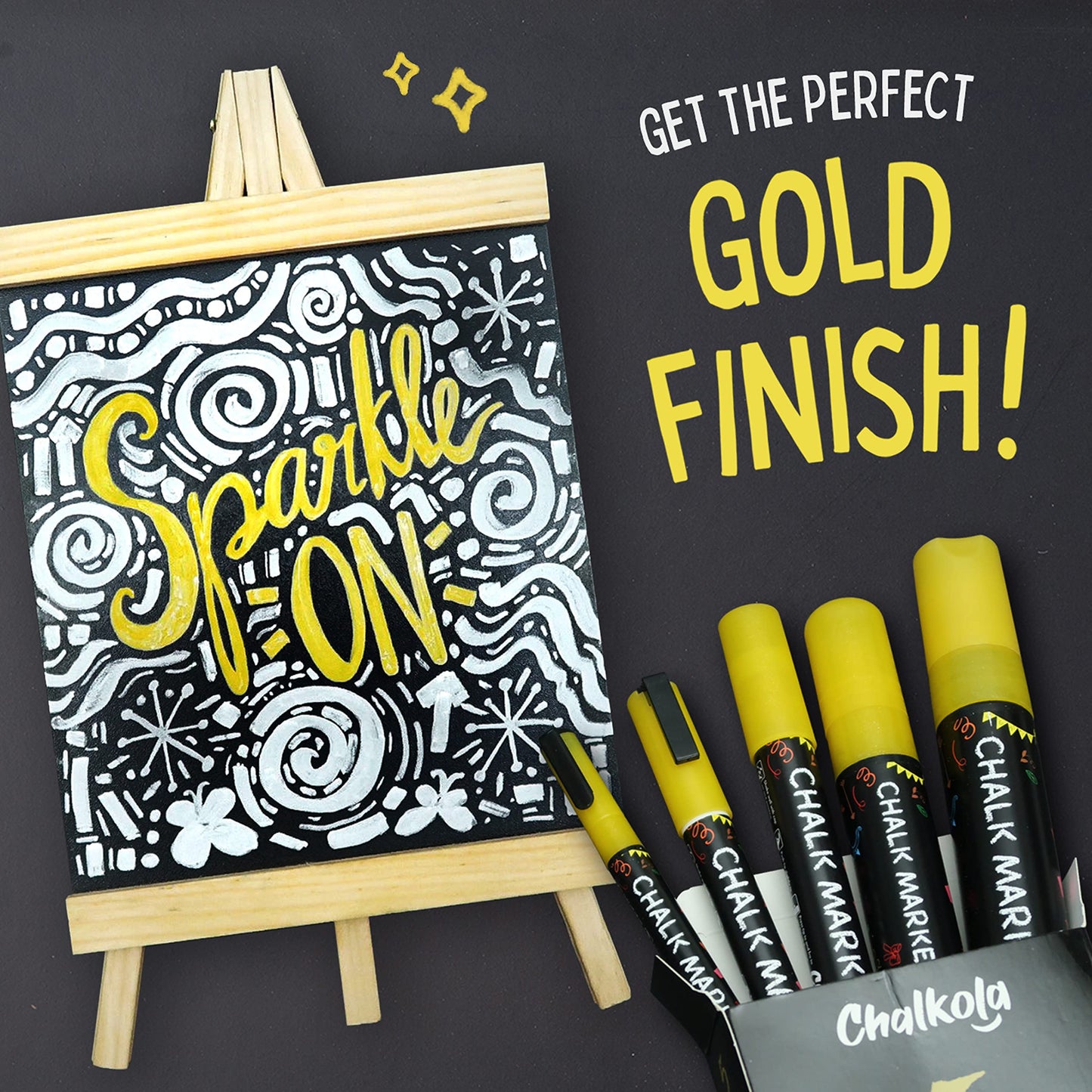 5 Gold Chalkboard Chalk Markers - Gold Dry Erase Markers for Blackboard, Chalkboard Signs, Windows, Glass | Variety Pack - Fine & Jumbo Size Ink Pen (1mm, 3mm, 6mm, 10mm, 15mm)