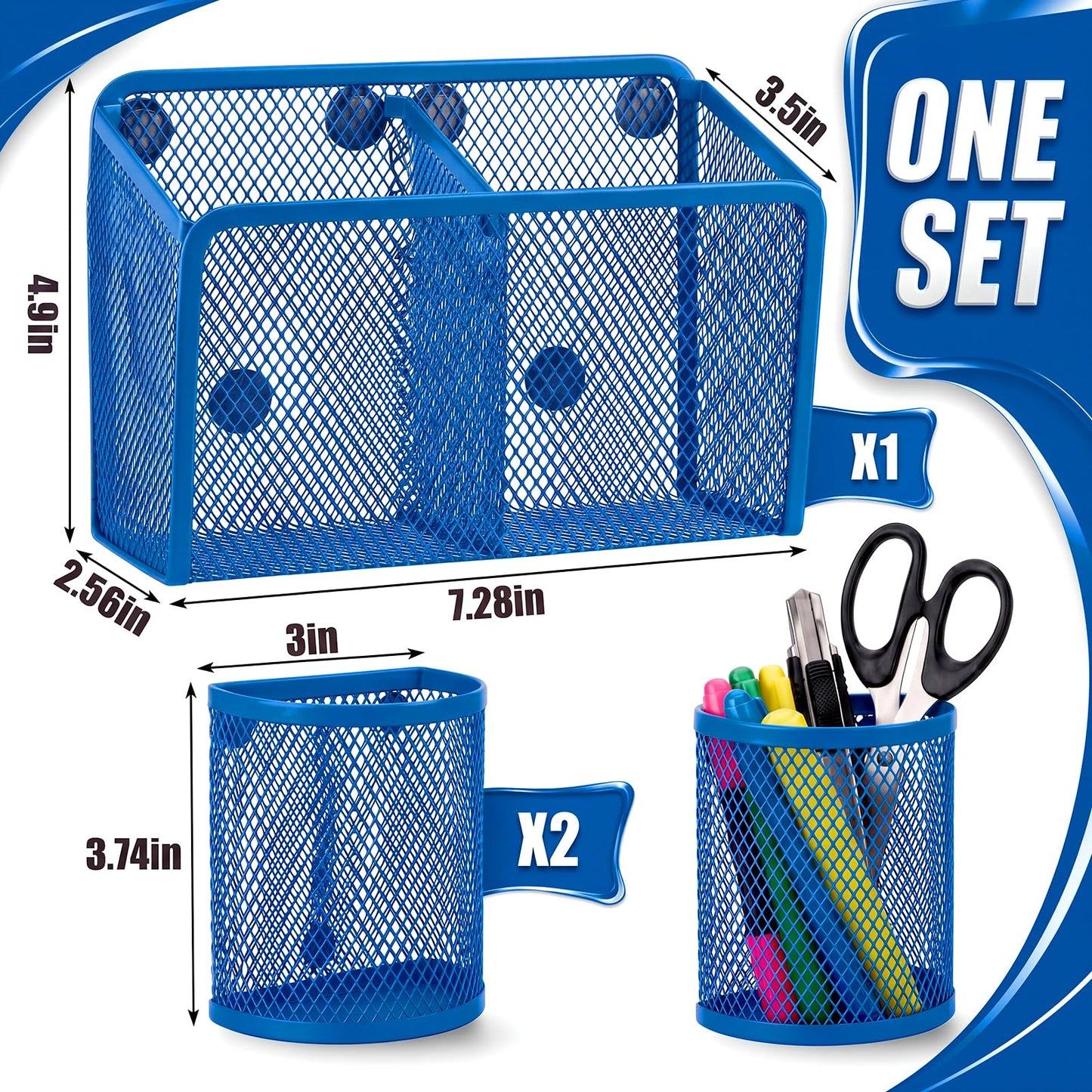 Marspark 3 Pcs Magnetic Pen Holder Set Metal Pencil Holder with Strong Magnets Wire Mesh Storage Basket Organizer for Locker Accessories Whiteboard Refrigerator School Office Dorm(Blue)