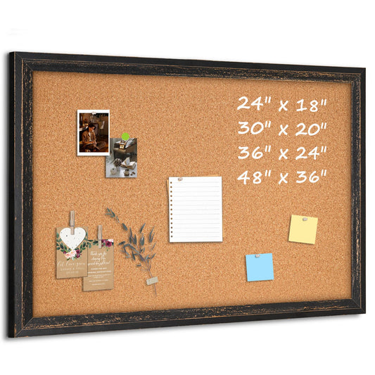 QUEENLINK Cork Bulletin Board 36" x 24", Wall Mounted Cork Board with Black Rustic Wooden Frame, Decorative Pin Board for Office, Home & Classroom Decor, White