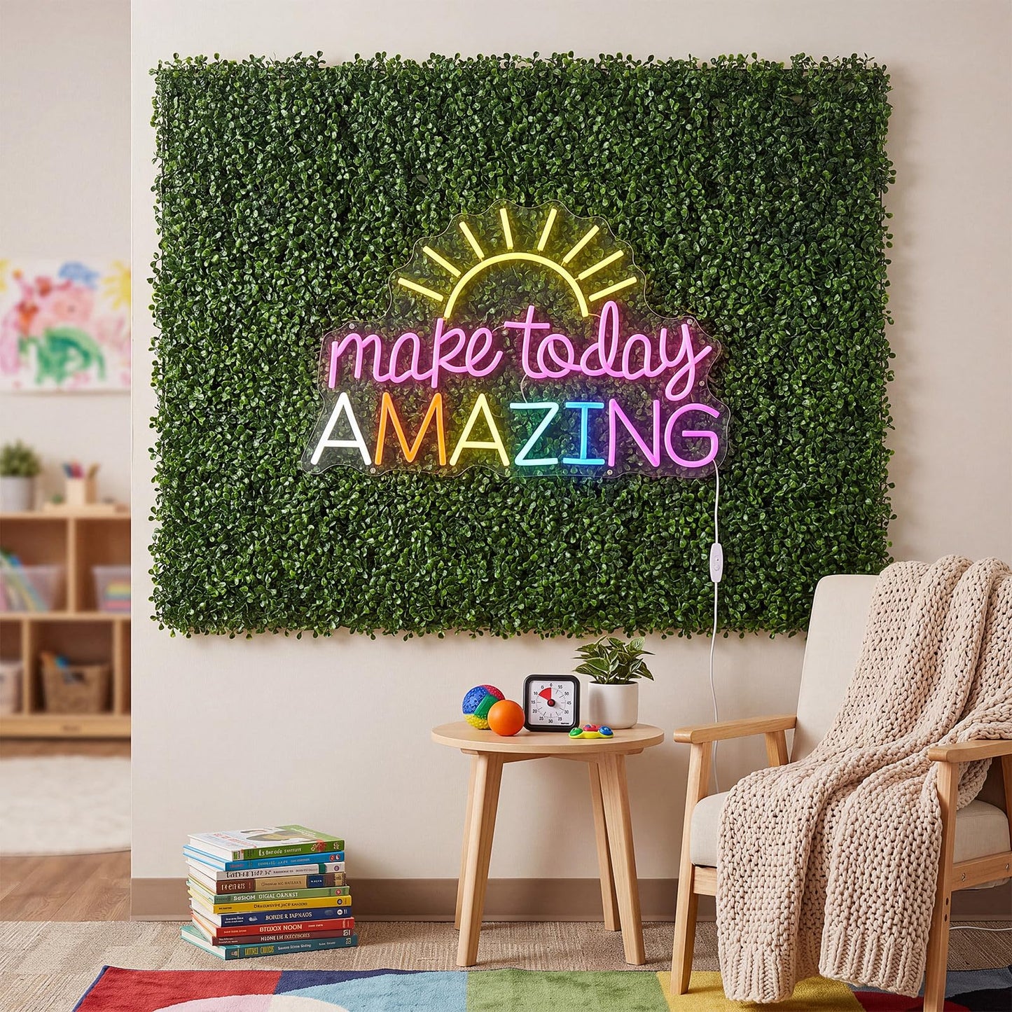 Fumete 13 Pcs Green Reading Corner Classroom Calming Corner Decor 10 x 10" Grass Wall Panels with Make Today Amazing Neon Sign Classroom Greenery Wall Decoration for Home School Party Supplies