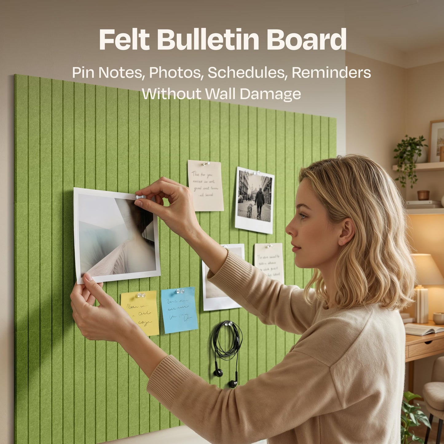 Ekkogo X-Large Cork Board Alternative 12-Pack Felt Bulletin Board Thick and Decorative Pin Board for Home Office Walls 47.24 x 35.43 Inches with 72 Adhesive Tabs - [Gin Green]