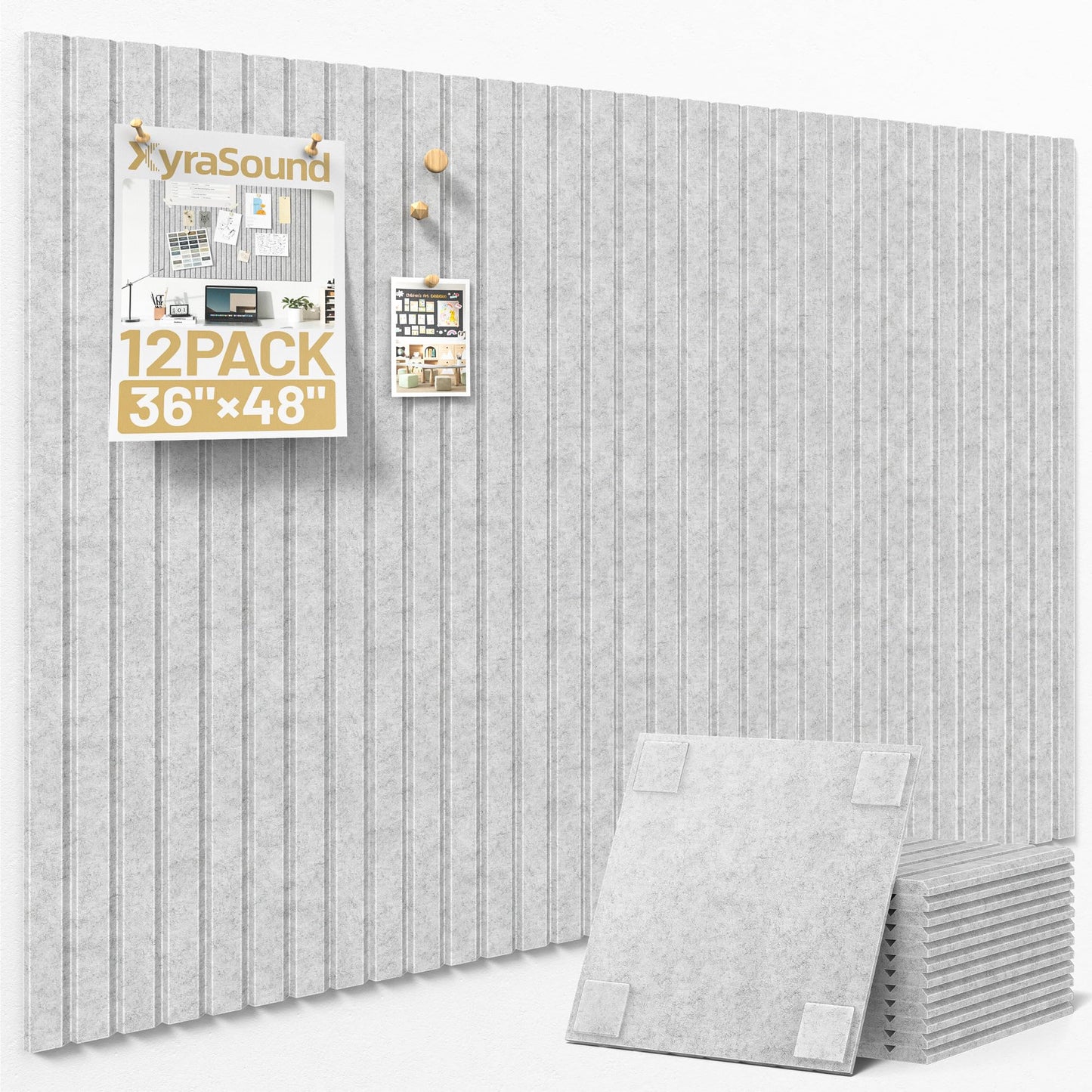 Large Cork Board for Wall 36" x 48" Gray Bulletin Board with Safe Removable Adhesive Squares for Pictures Photos, Alternative CorkBoard Felt Pin Boards Tiles for Office Classroom Wall Decor - 12 Pack