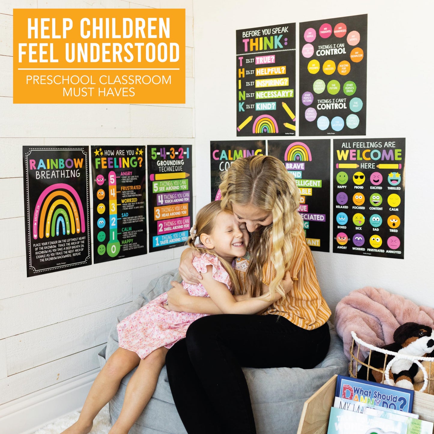 Hadley Designs 8 Calming Corner Posters for Classroom Must Haves -Calm Down Corner Supplies with Emotion Chart,School Counselor Mental Health Poster,Feelings Chart For Kids, Chalkboard Classroom Decor