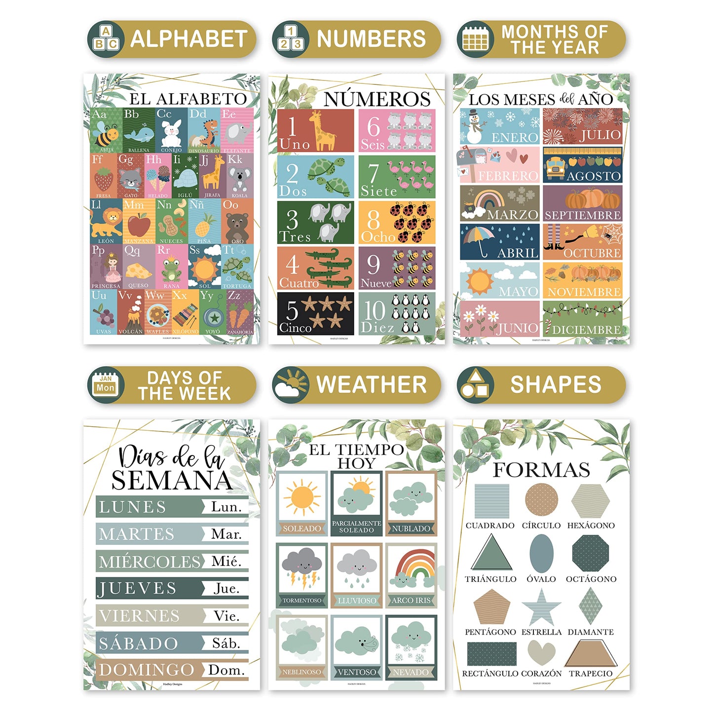 Hadley Designs Spanish Posters for Classroom - 12 Bilingual Educational Posters for Spanish Classroom Decorations Must Haves, Calendario y Alfabeto en Español Para la Pared, Greenery Teacher Supplies