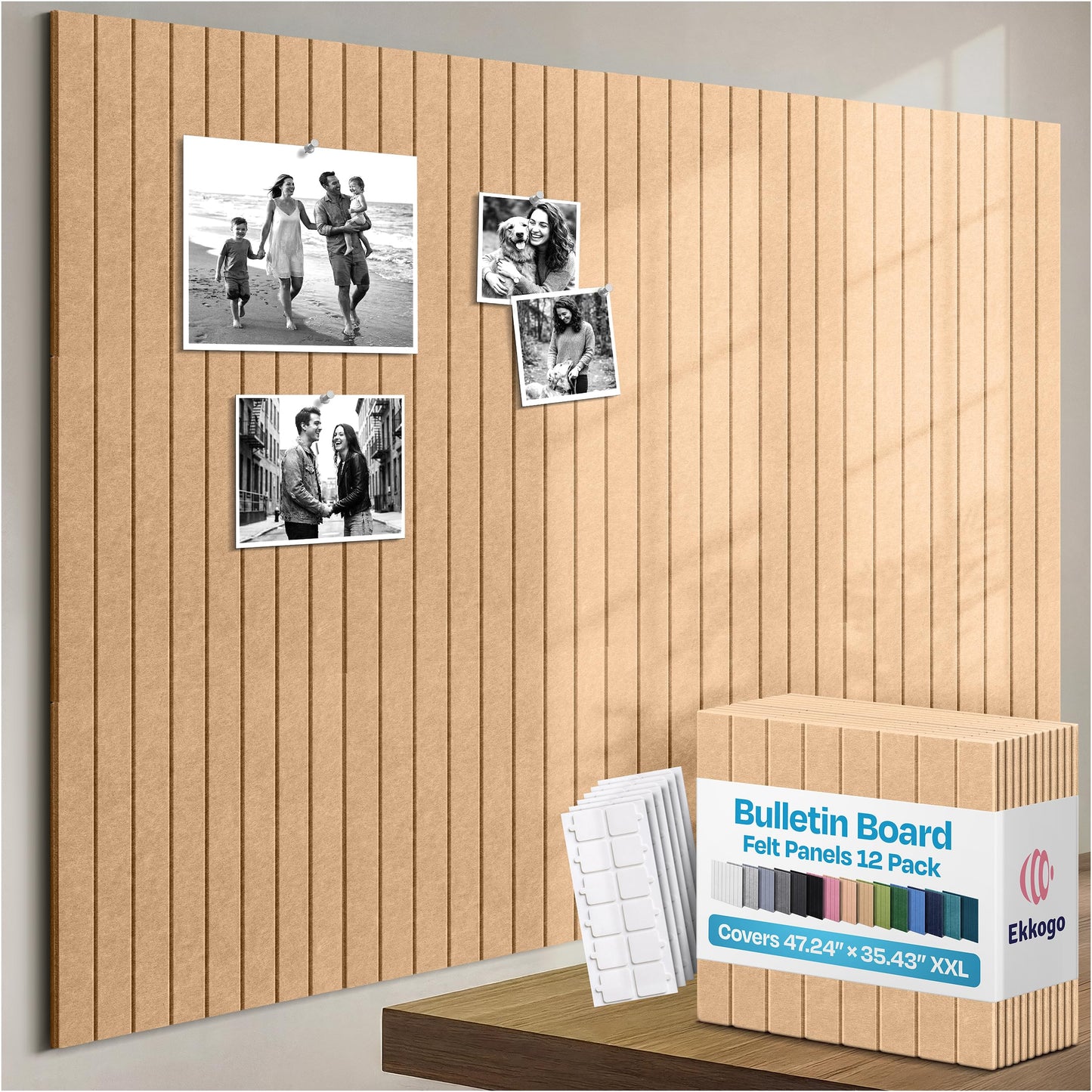 Ekkogo X-Large Cork Board Alternative 12-Pack Felt Bulletin Board Thick and Decorative Pin Board for Home Office Walls 47.24 x 35.43 Inches with 72 Adhesive Tabs - [Soft Camel]