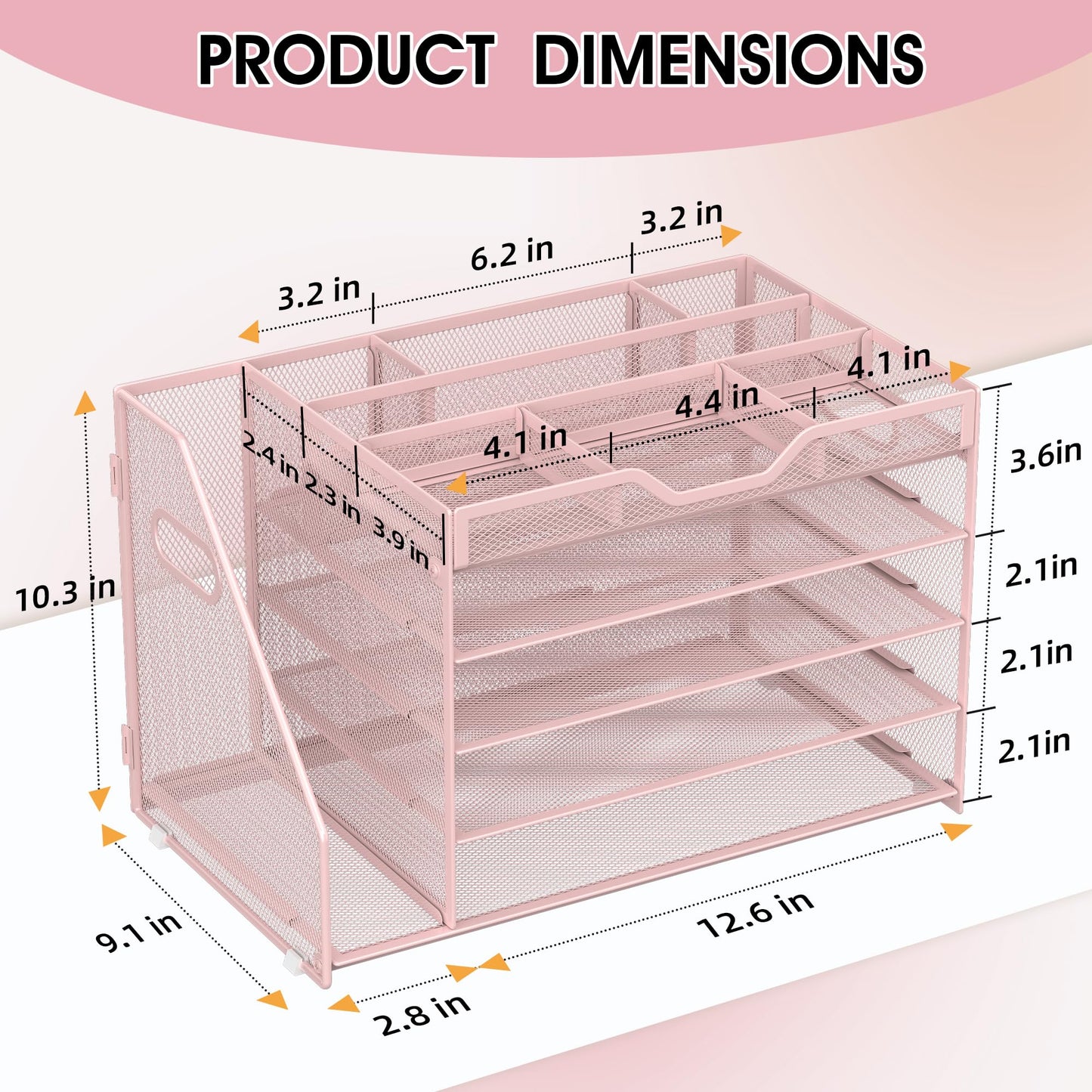 OrgMate 5 Tier Paper Letter Tray with File Holder and 3 Drop-in Pen Holders, Mesh Desk File Organizer with Handle, Desk Organizers and Accessories for School,Home, Office Supplies Storage-Pink