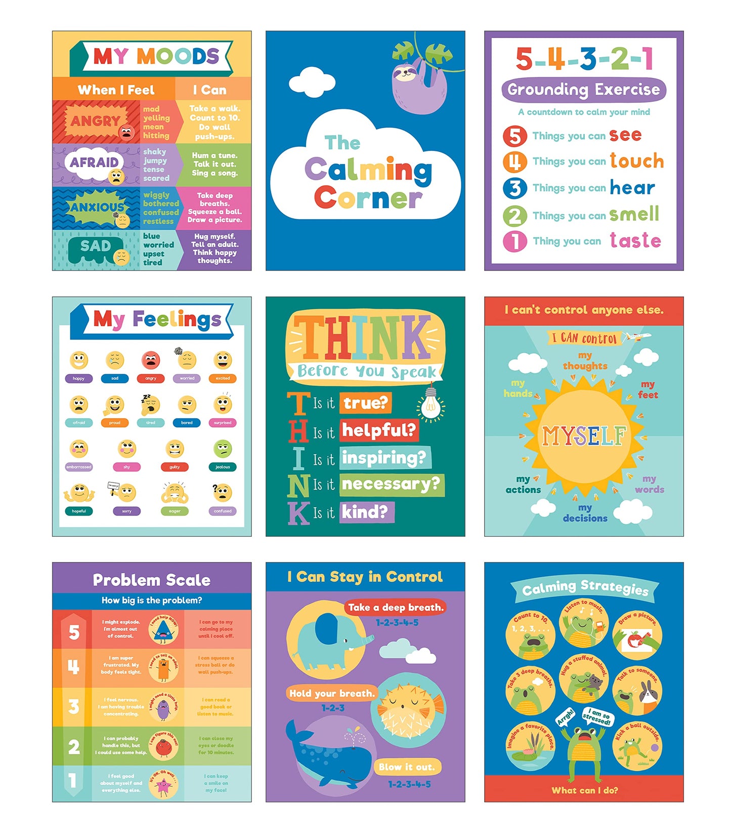 Carson Dellosa 9-Piece Calm Down Corner Posters, 16" x 13" Social Emotional Learning Wall Art for Growth Mindset, Bulletin Board, Circle Time Learning Center, and Classroom Decor