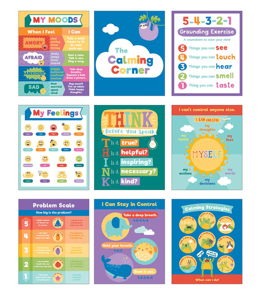 Carson Dellosa 9-Piece Calm Down Corner Posters, 16" x 13" Social Emotional Learning Wall Art for Growth Mindset, Bulletin Board, Circle Time Learning Center, and Classroom Decor