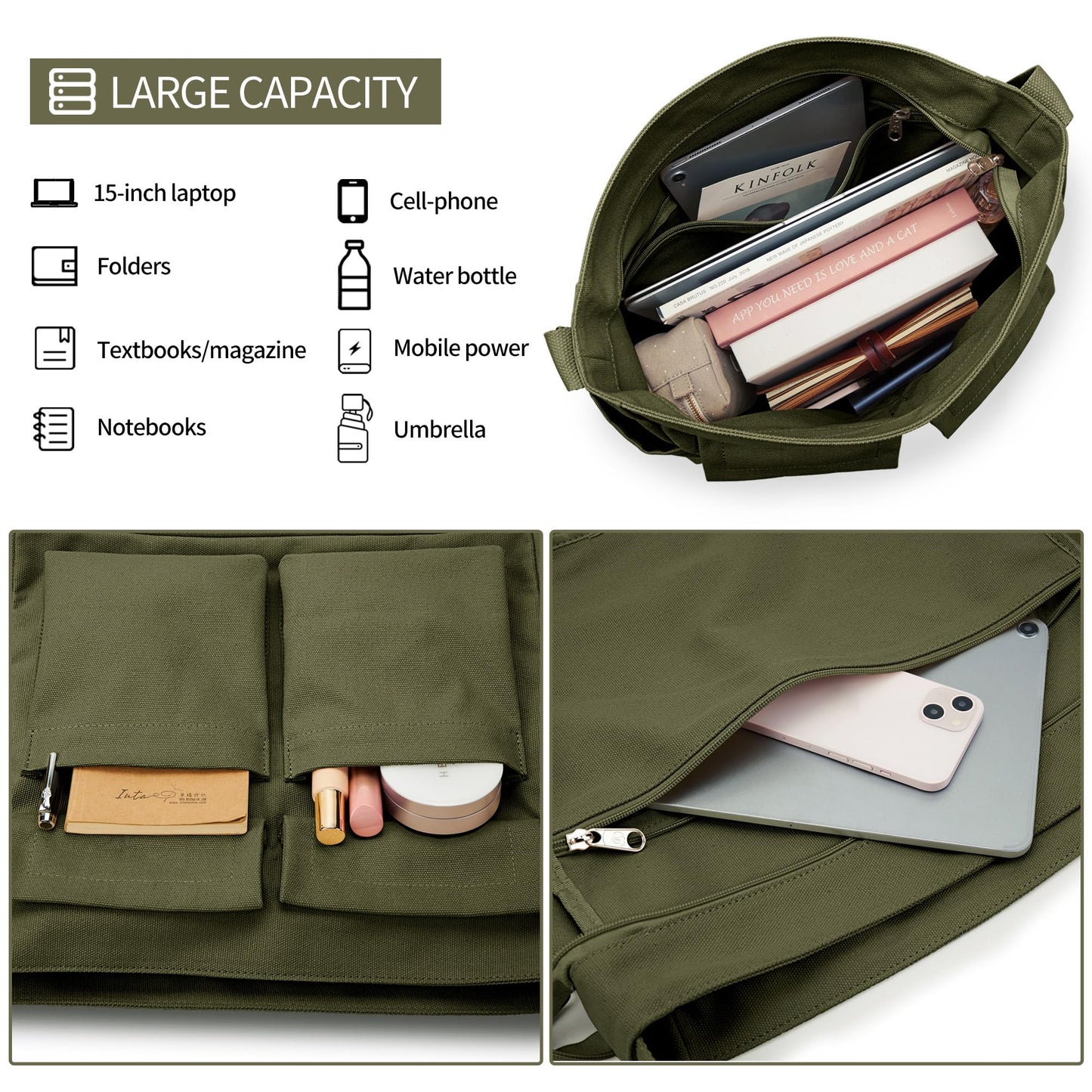 KALIDI Canvas Tote Messenger Bag with Pockets, Large Crossbody Bags for Women or Men, Casual Canvas Shoulder Bag for College Work Travel Daily, Army Green