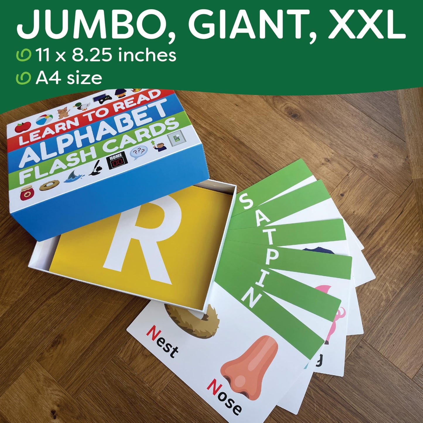 THE BAMBINO TREE Jumbo Alphabet Flash Cards - 11" x 8" Big Thick ABC Flash Cards for Kids Ages 3-6 - XL Size Great for Kindergarten Classrooms