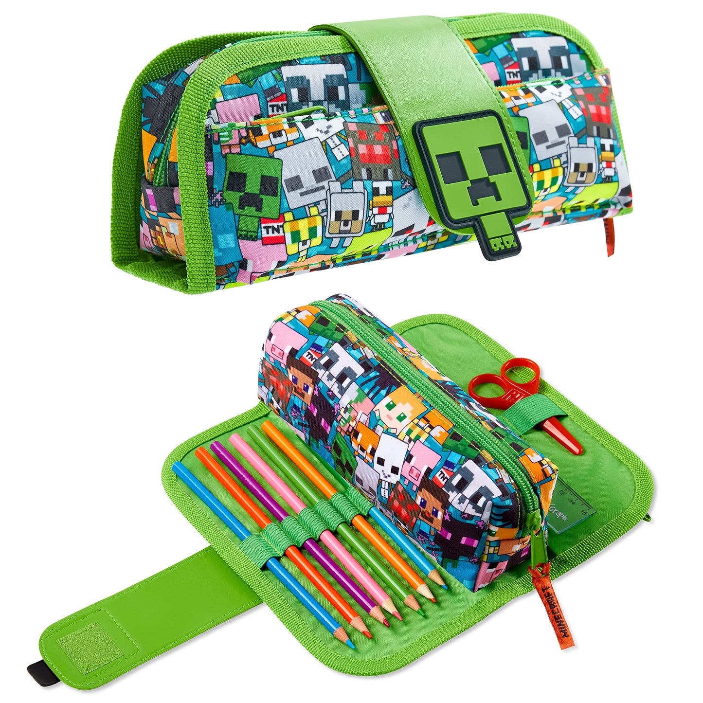 Minecraft Pencil Case for Boys and Girls, Kids Gamer School Supplies Multi Compartments with Detachable Zippered Pen Pouch 2 in 1
