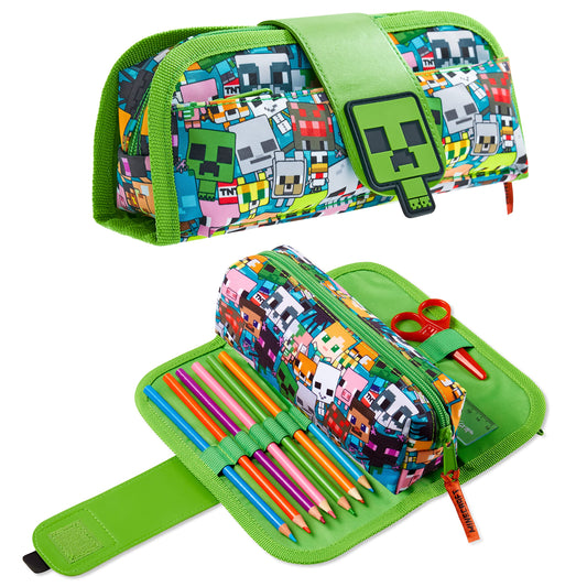 Minecraft Pencil Case for Boys and Girls, Kids Gamer School Supplies Multi Compartments with Detachable Zippered Pen Pouch 2 in 1