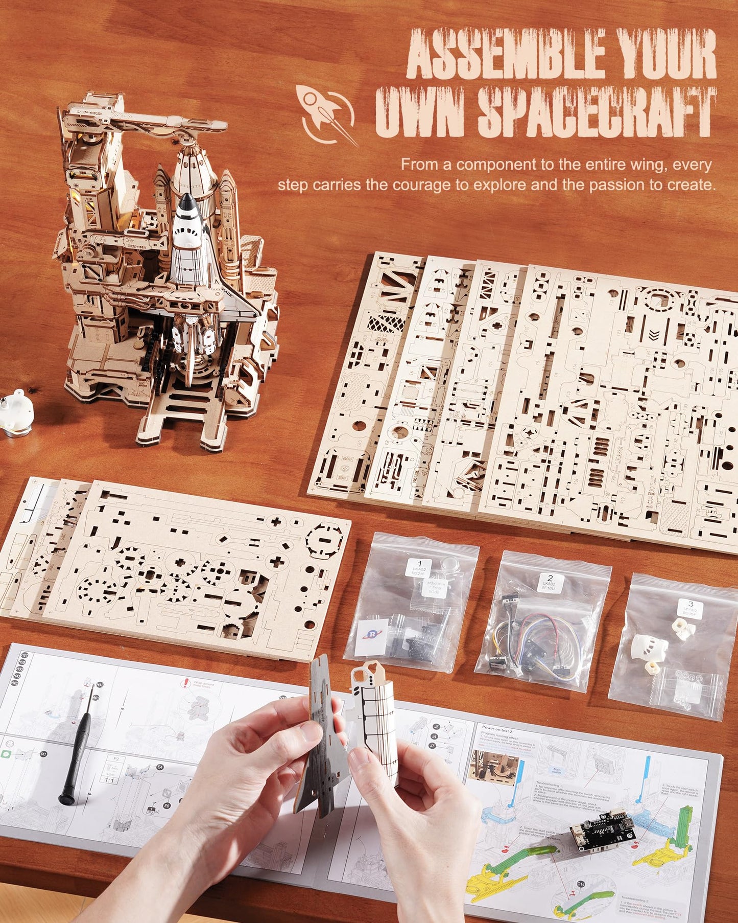 ROBOTIME 3D Space Shuttle Wooden Puzzle for Adults, Dynamic Rocket Launch Model Building Kits with Lights, AS Home Desktop Decoration for Men Gifts (446 Pieces,8 Hours Finished)