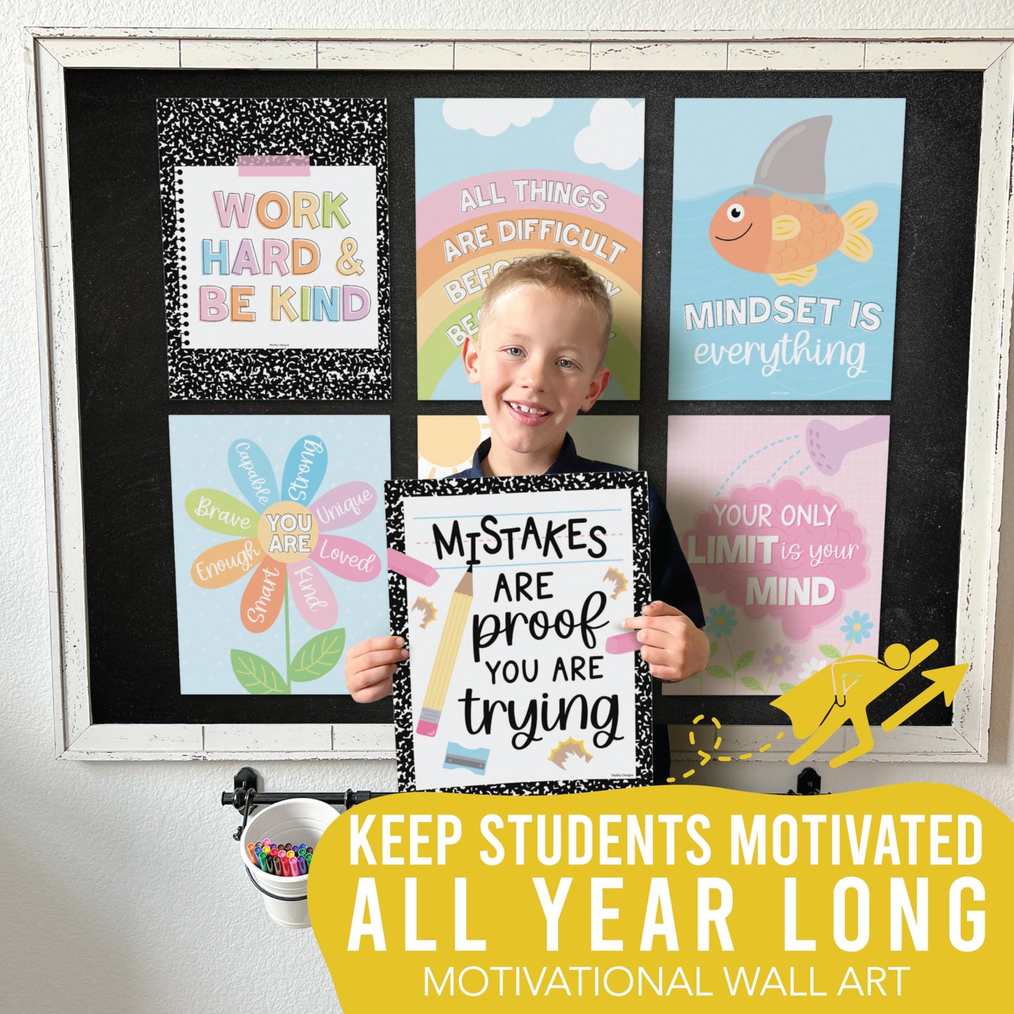 Hadley Designs Motivational Poster for Classroom Decor - 9 Growth Mindset Classroom Posters Elementary, Inspirational Wall Decor Middle School, Teacher Must Haves, Pastel Bulletin Board Decorations