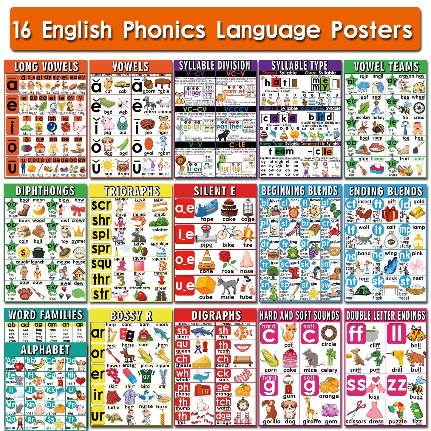 16 English Phonics Posters Language Arts Charts for Kids Toddler Learning Vowels Posters, Phonics Poster for Classroom, Digraphs and Blends Poster, Sound Wall Phonics Chart, Boho Classroom