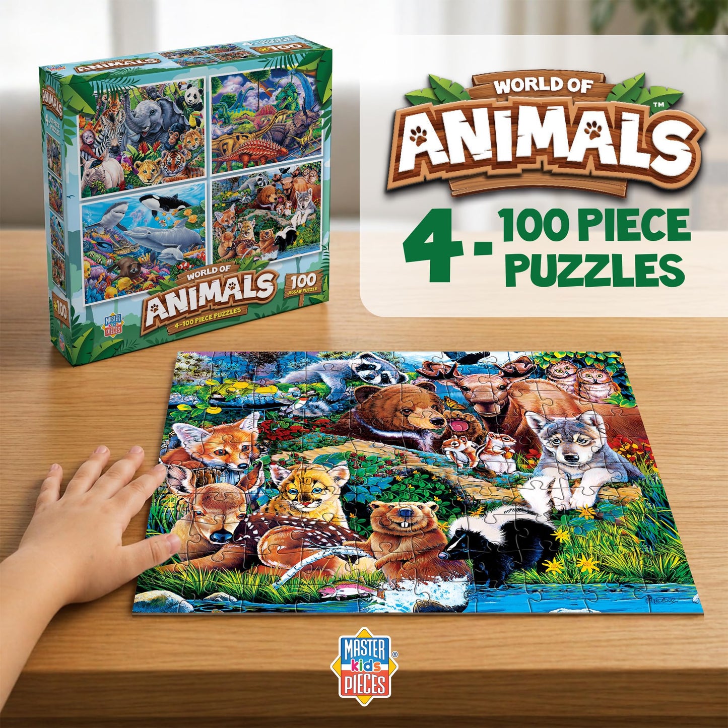 MasterPieces Jigsaw Puzzle Set for Kids, 4-Pack of 100 Piece Puzzles, Educational Animal Theme, Fun Game, Gift Idea, 8" x 10"