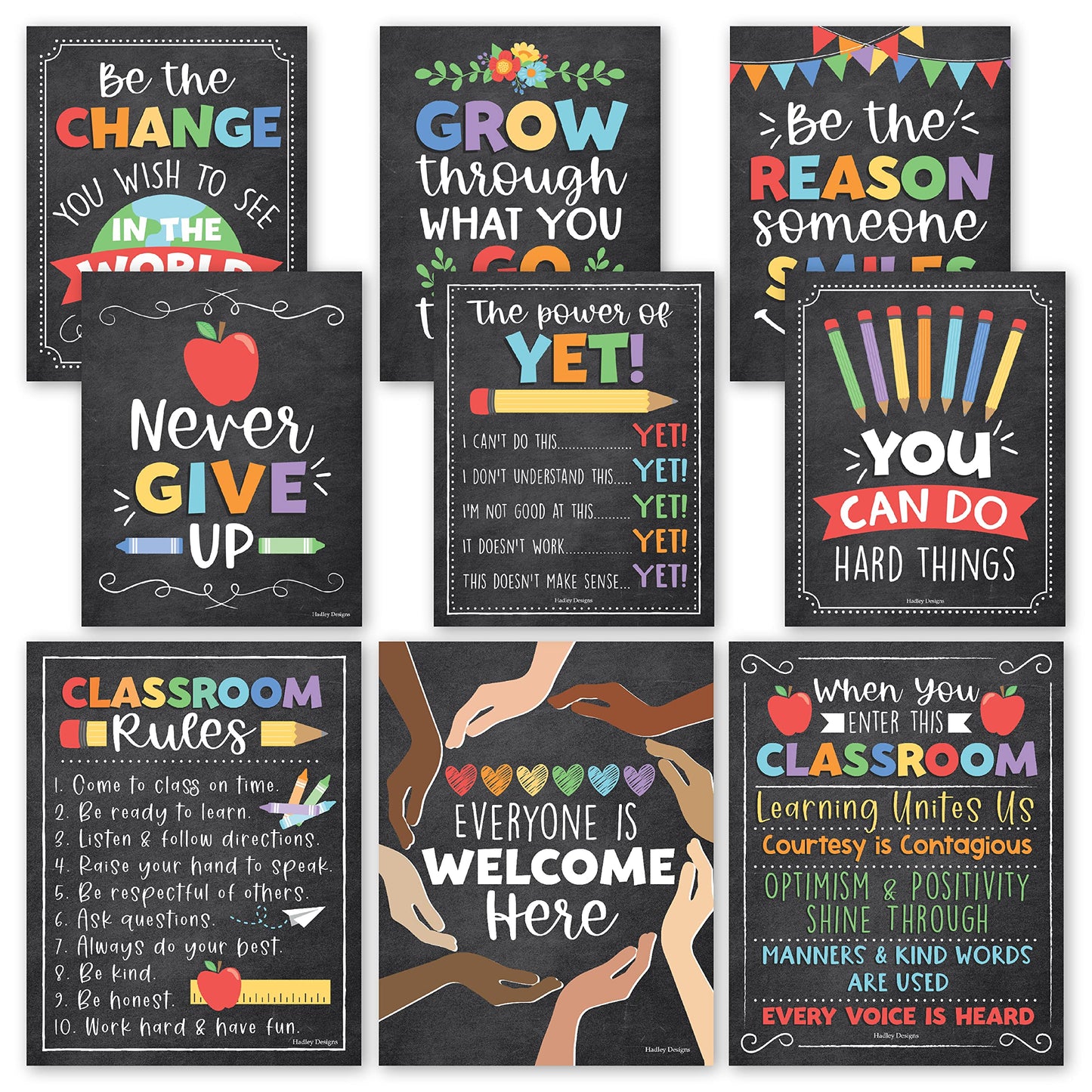Hadley Designs Motivational Poster for Classroom Decor - 9 Growth Mindset Classroom Posters Elementary, Inspirational Wall Decor Middle School, Teacher Must Have, Chalkboard Bulletin Board Decorations