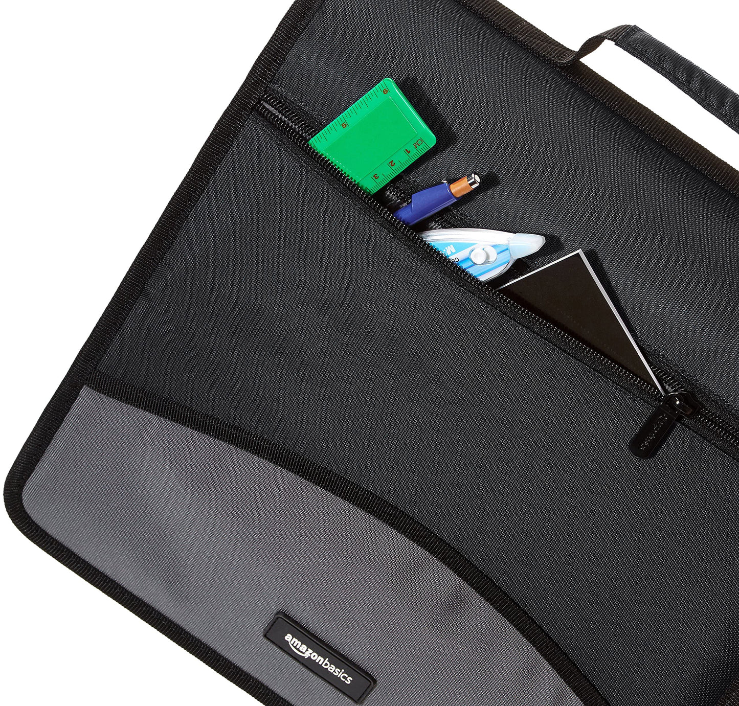 Amazon Basics Durable 3 Ring Binder with Zipper and Strap, Multiple Pockets, Sturdy Storage for School and Office, 3 inch, Black
