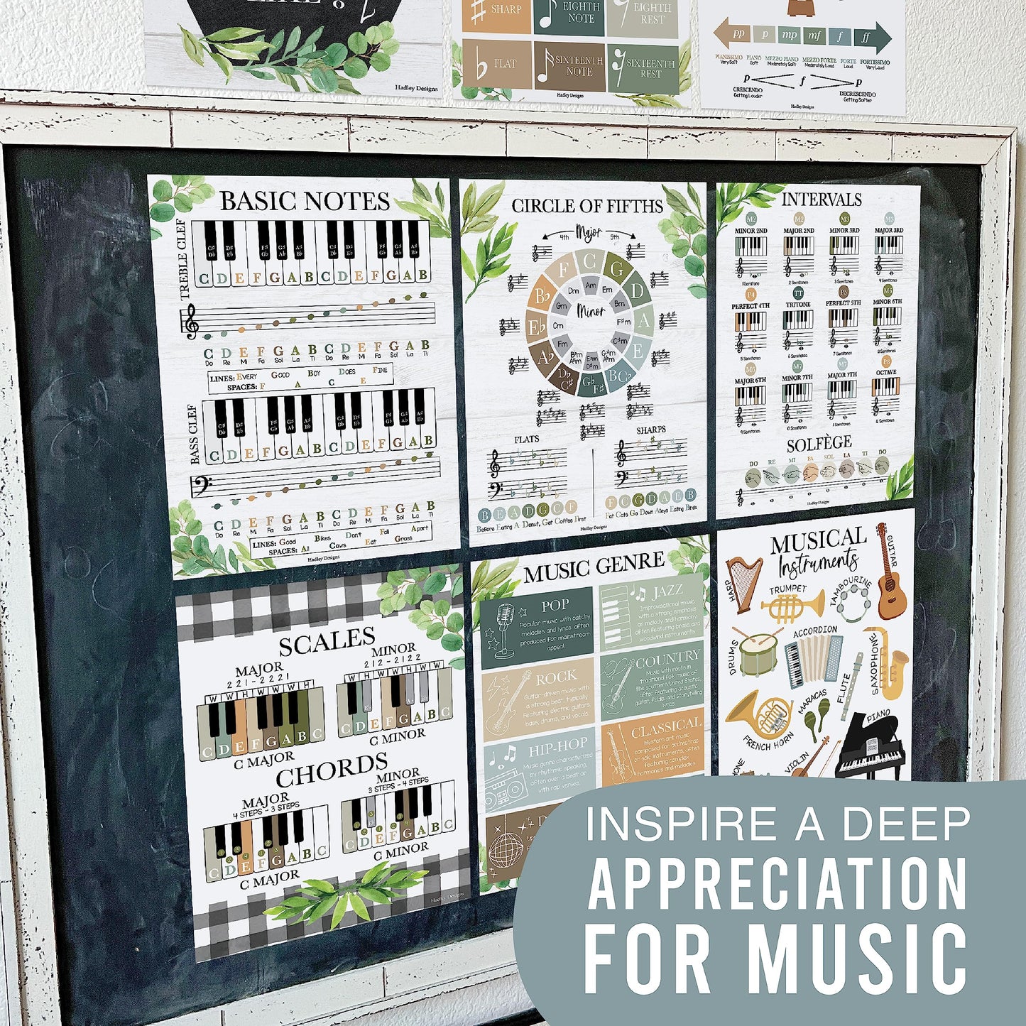 Hadley Designs Music Classroom Decor –9 Music Classroom Posters Elementary, Choir & Solfege Posters, Solfege Hand Signs & Musical Instruments Bulletin Board Decorations, Farmhouse Teacher Must Haves