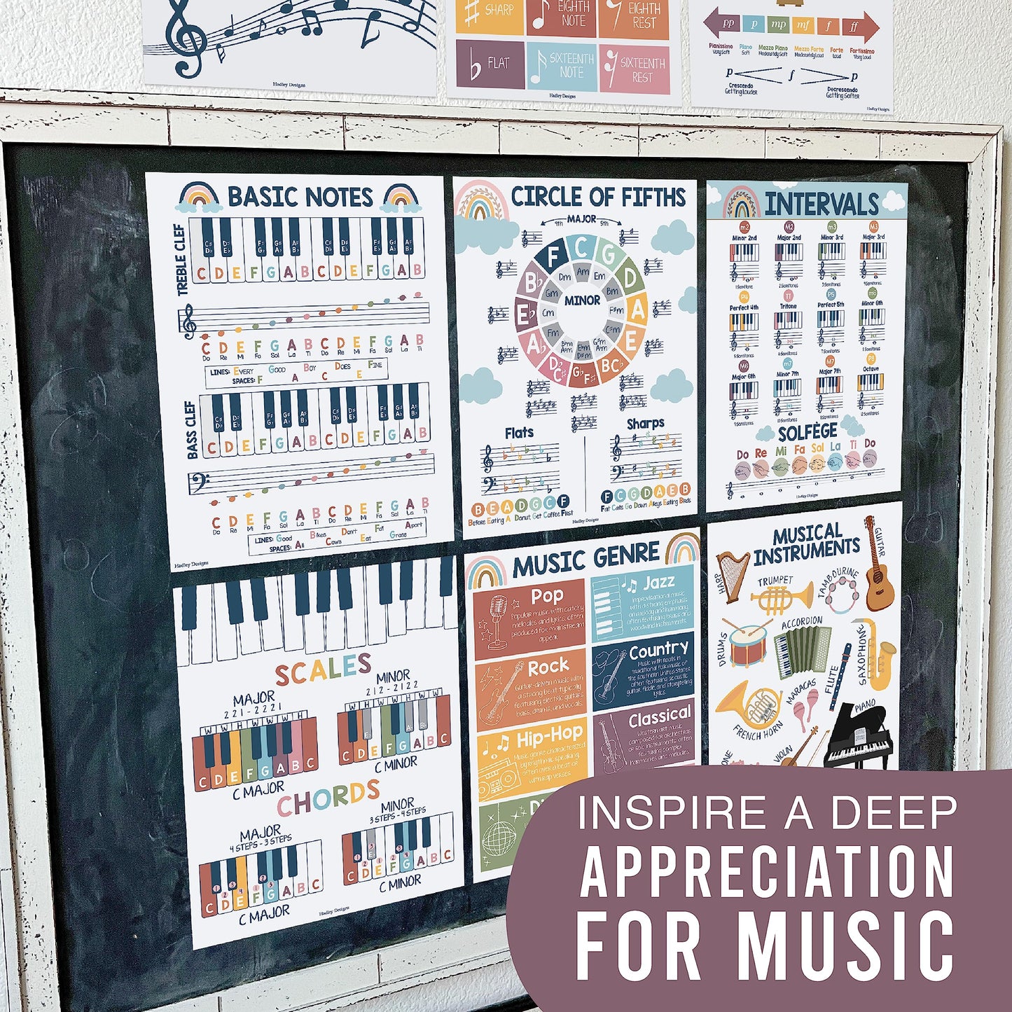 Hadley Designs 9 Music Classroom Posters – Boho Music Classroom Decor, Choir & Solfege Prints, Bulletin Board Decorations, Educational Supplies for Teachers