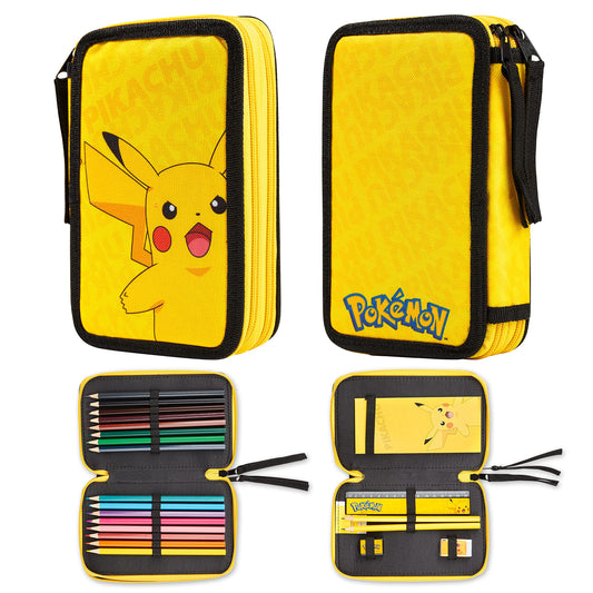 Pokemon Pencil Case for Boys Girls Pikachu Stationery Set with Colored Pencils Sharpener Ruler Eraser Notepad School Supplies Anime Gifts for Kids (Yellow)