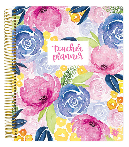 bloom daily planners Undated Academic Year Teacher Planner & Calendar - 7 Period Lesson Plan Organizer Book with Frosted Cover (9" x 11") (Watercolor Floral)