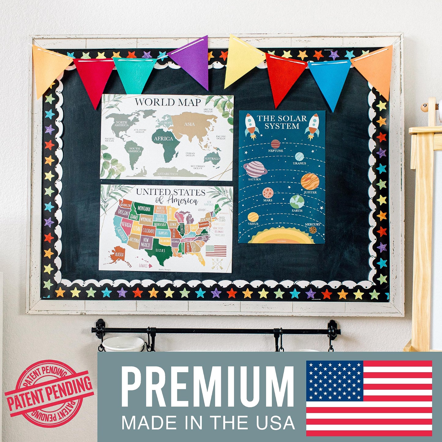 4 Alphabet, Map of United States, World Map, & Solar System Posters - Laminated ABC Charts for Toddlers Wall Decor, Greenery Posters for Kindergarten, Prek Classroom or Homeschool 11x17