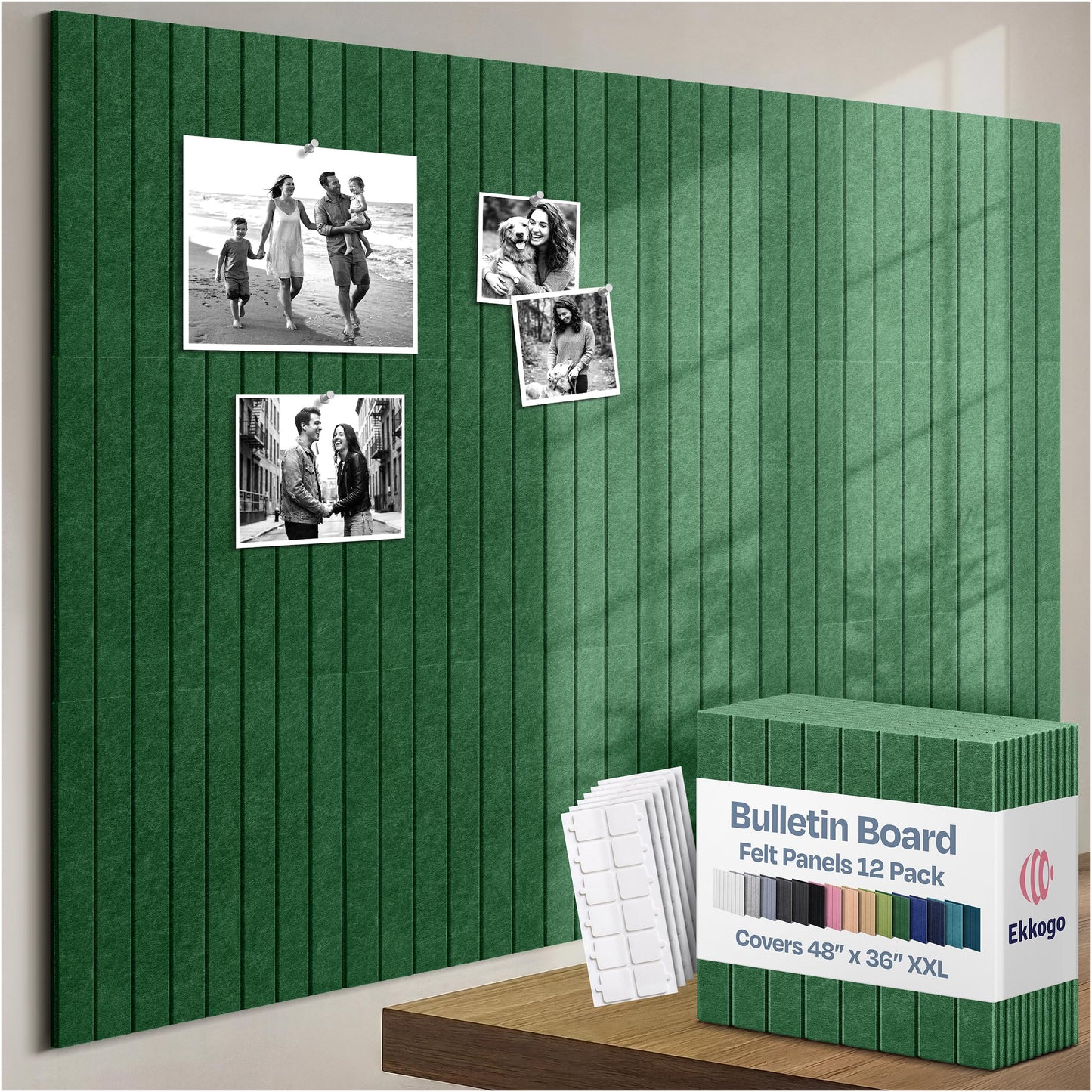X-Large Cork Board Alternative 12-Pack Felt Bulletin Board Thick and Decorative Pin Board for Home Office Walls 47.24 x 35.43 Inches with 72 Adhesive Tabs - [Dark Green]