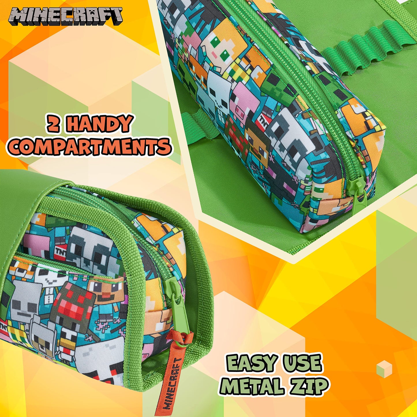 Minecraft Pencil Case for Boys and Girls, Kids Gamer School Supplies Multi Compartments with Detachable Zippered Pen Pouch 2 in 1