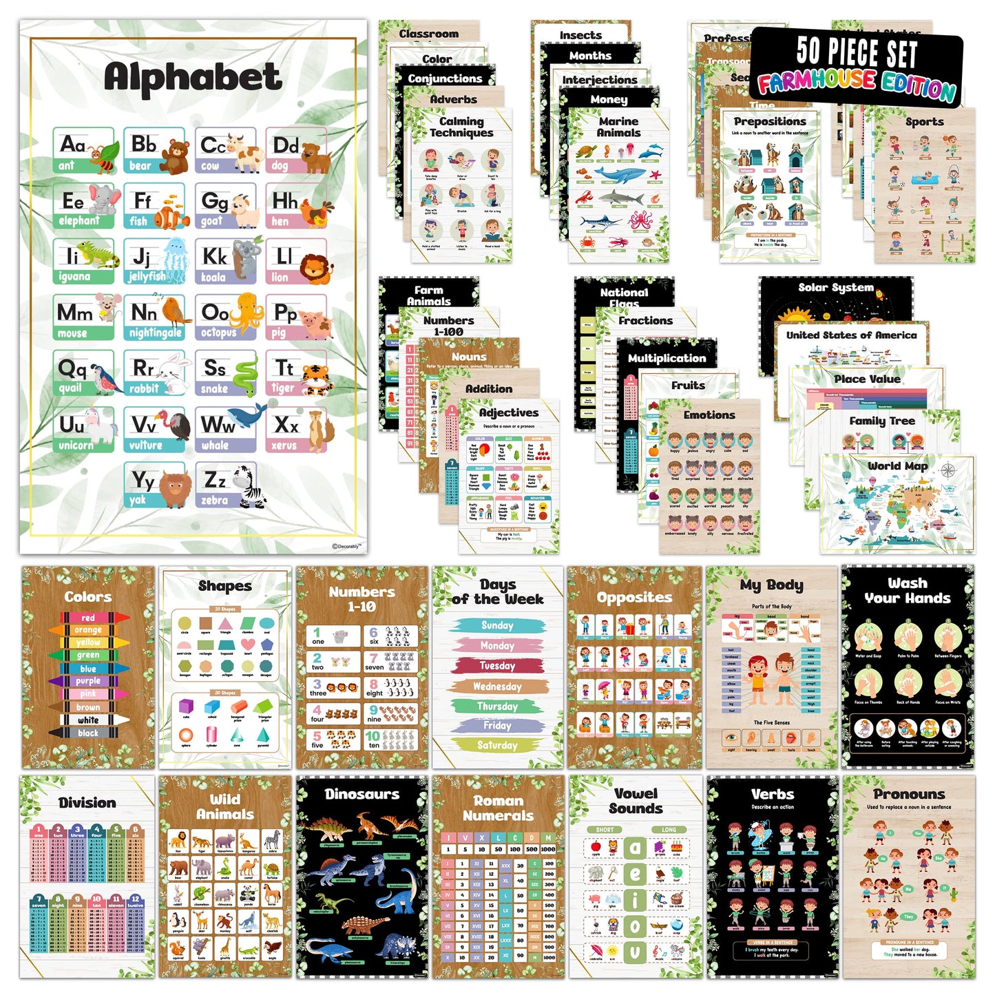 Decorably 50 Farmhouse Theme Kindergarten Posters for Homeschool, 11x17in Matte-Laminated Preschool Educational Toddler Learning Decor - Classrooms, Hallways, Bulletin Boards