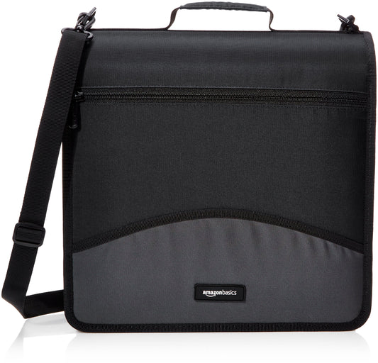 Amazon Basics Durable 3 Ring Binder with Zipper and Strap, Multiple Pockets, Sturdy Storage for School and Office, 3 inch, Black