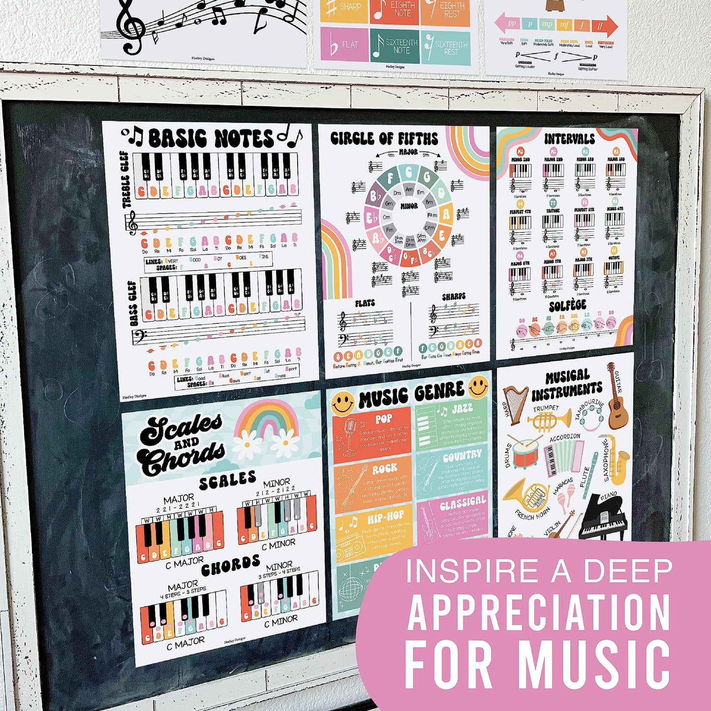Hadley Designs 9 Music Classroom Posters – Retro Music Classroom Decor, Choir & Solfege Prints, Bulletin Board Decorations, Educational Supplies for Teachers