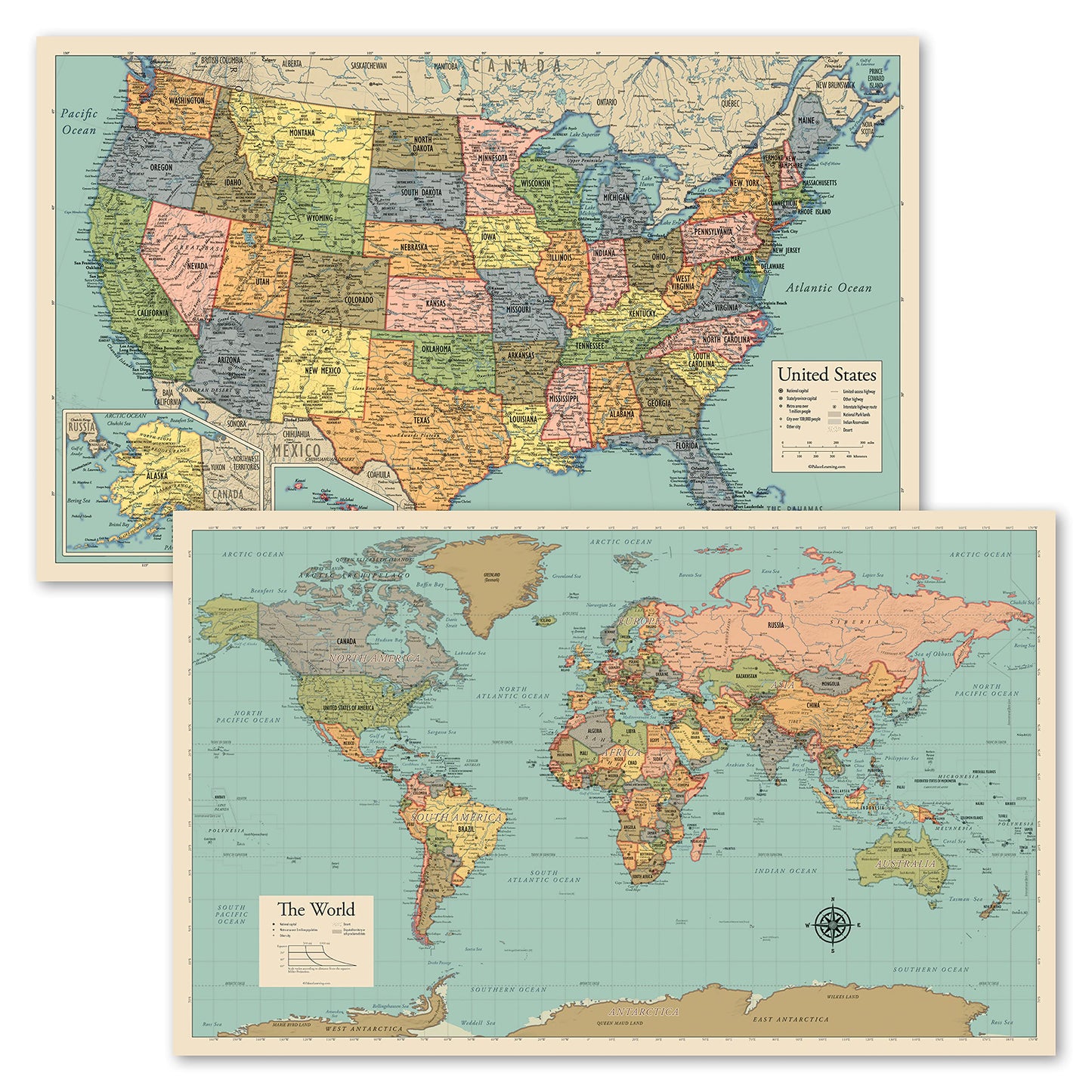 2 Pack - World Map Poster & USA Map Chart [Tan/Color] (LAMINATED, 18” x 29”)