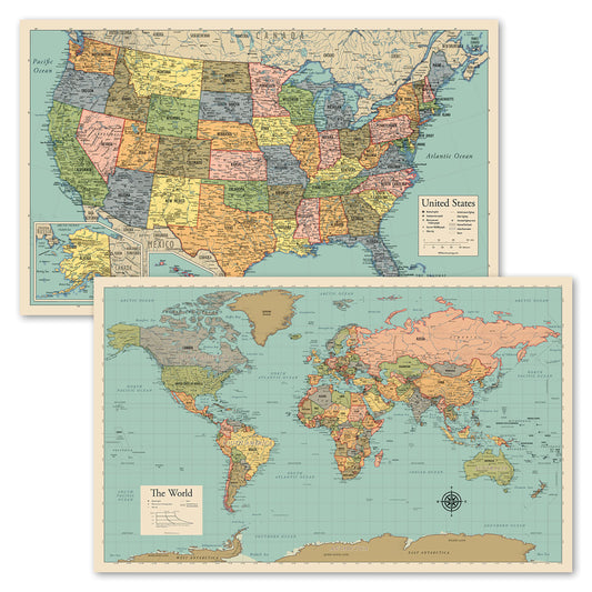 2 Pack - World Map Poster & USA Map Chart [Tan/Color] (LAMINATED, 18” x 29”)