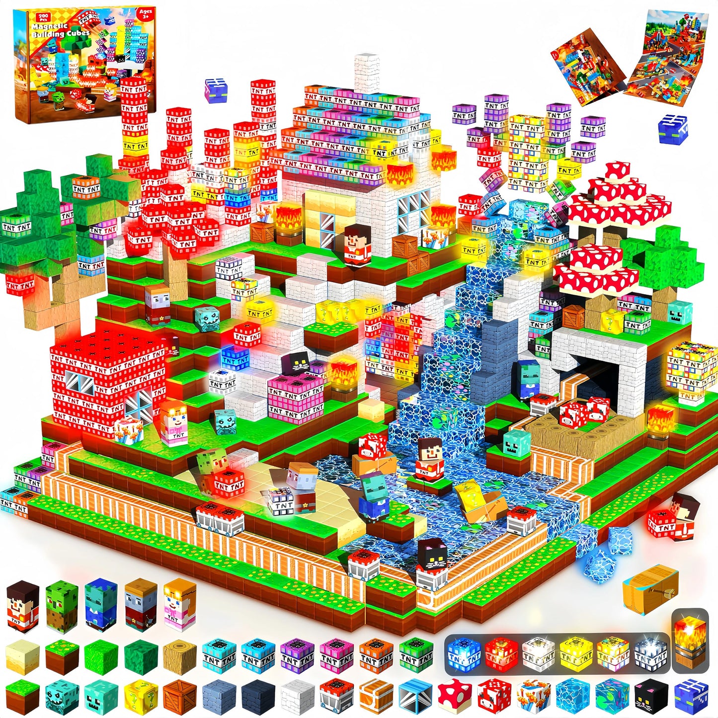 200PCS Magnetic Blocks with Light up Blocks - TNT Magnetic Blocks, Magnetic Building Blocks Cubes for Kids Ages 4 5 6 7 8 +, Magnet Toys, Birthday Gift for Boys & Girls Ages 3-8