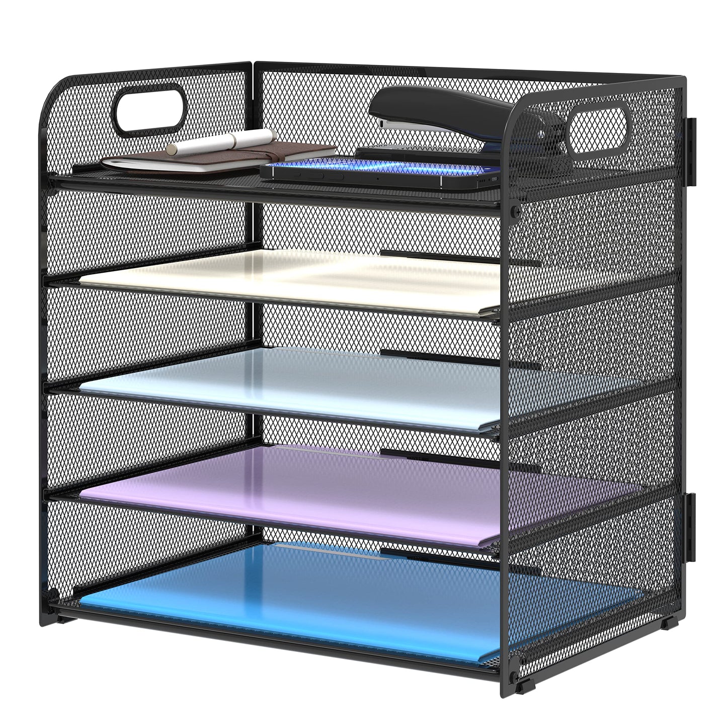 Supeasy 5 Trays Paper Organizer Letter Tray with Handle-Mesh Desk File Holders, Paper Sorter Desk Organizer for Office, Home, Classroom or School