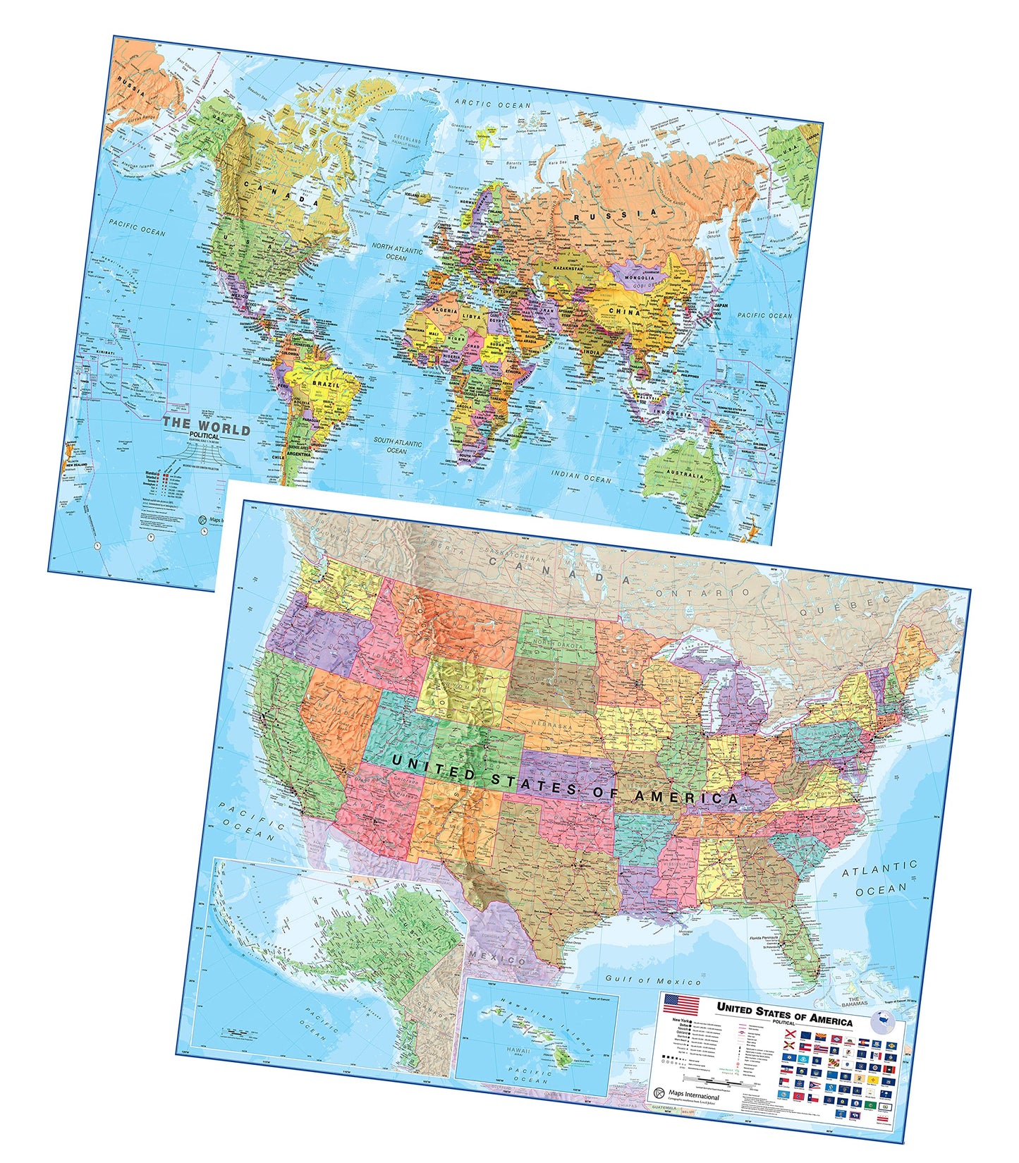Laminated World Map & US Map Poster Pack - 17" x 22" - Maps of the World & United States - Detailed Cartography - Maps International