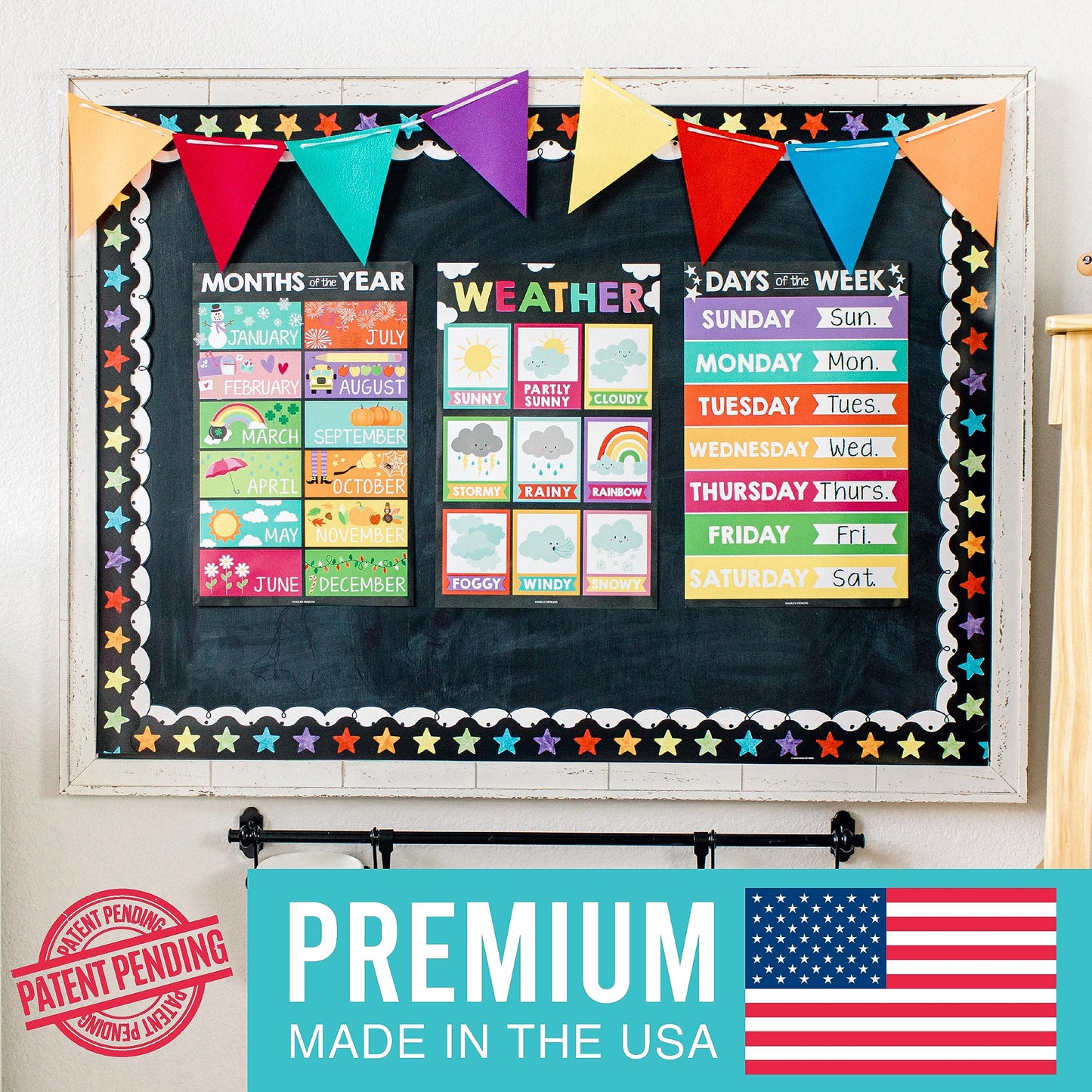 Hadley Designs 4 Alphabet, Months of the Year, Weather, Days of The Week Calendar For Kids, ABC Chart for Wall for Toddlers, Laminated Charts for PreK Classroom or Homeschool, Chalk Posters 11x17