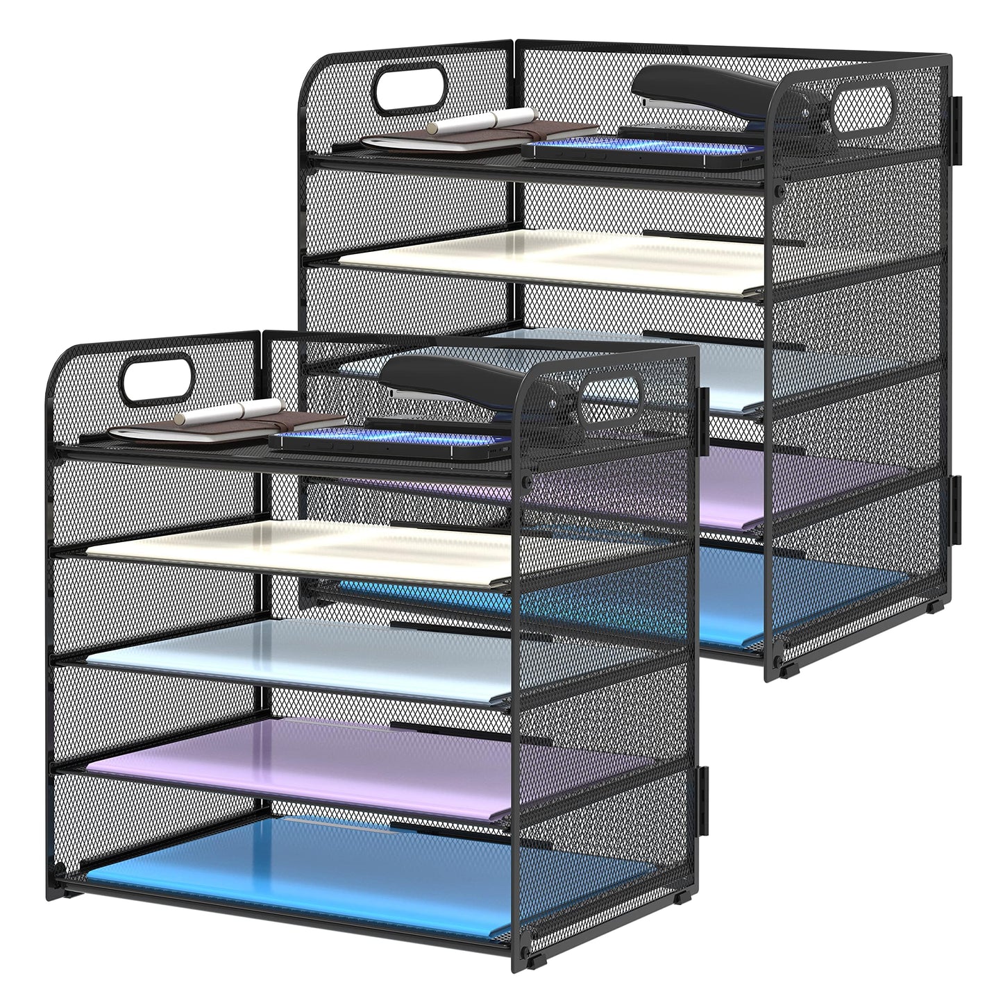 Supeasy 2 Pack 5-Tier Desk Organizer with Handle Mesh Desk File/Paper Organizer Letter Tray for Office, School, Classroom and Home Easy Installation, Black