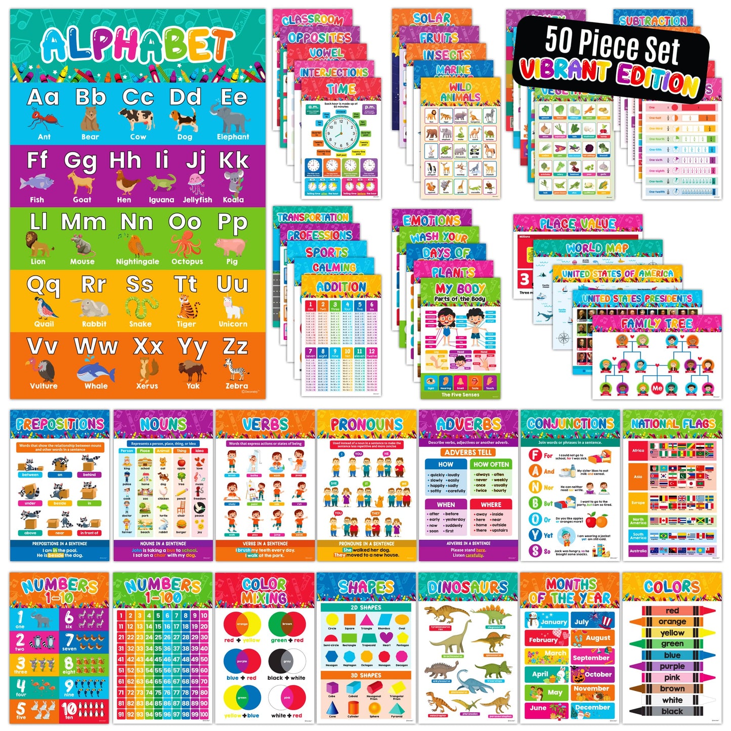 Decorably 50 Pack Vibrant Kindergarten Preschool Learning Posters for Toddlers 1-3, 11x17in Educational & Comprehensive Set, Matte-Laminated Classroom Decor for School Hallways, Bulletin Boards, Home Study Room
