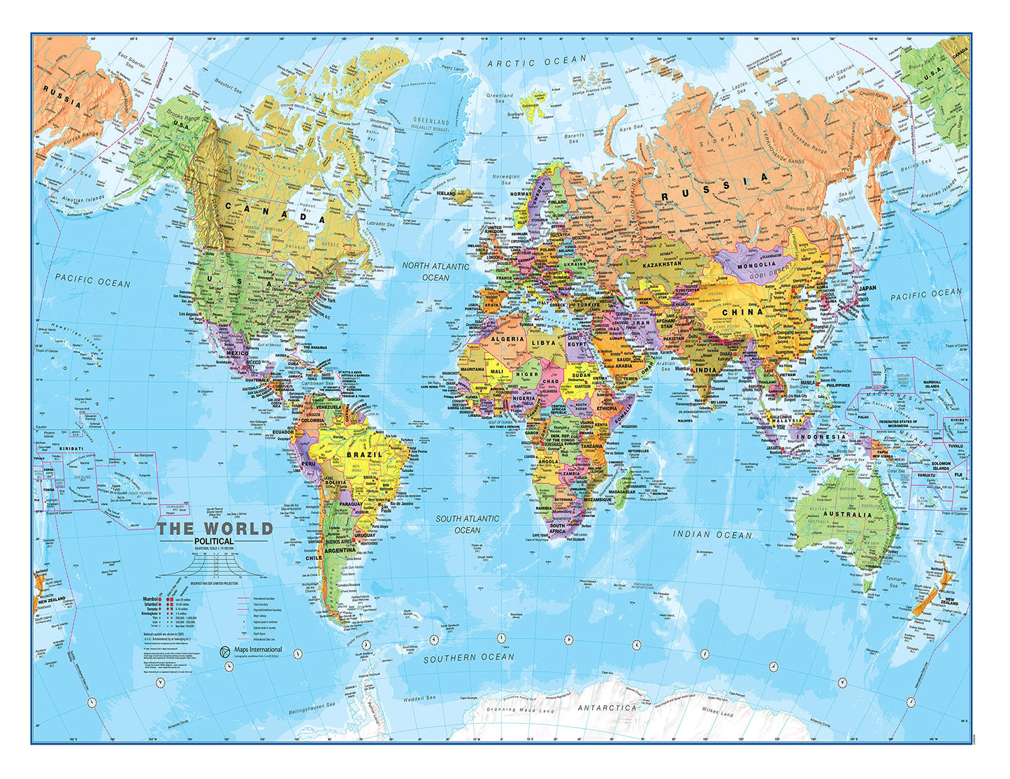 Laminated World Map - 17" x 22" - Map of the World - 2025 Updated - Detailed Cartography - Maps International
