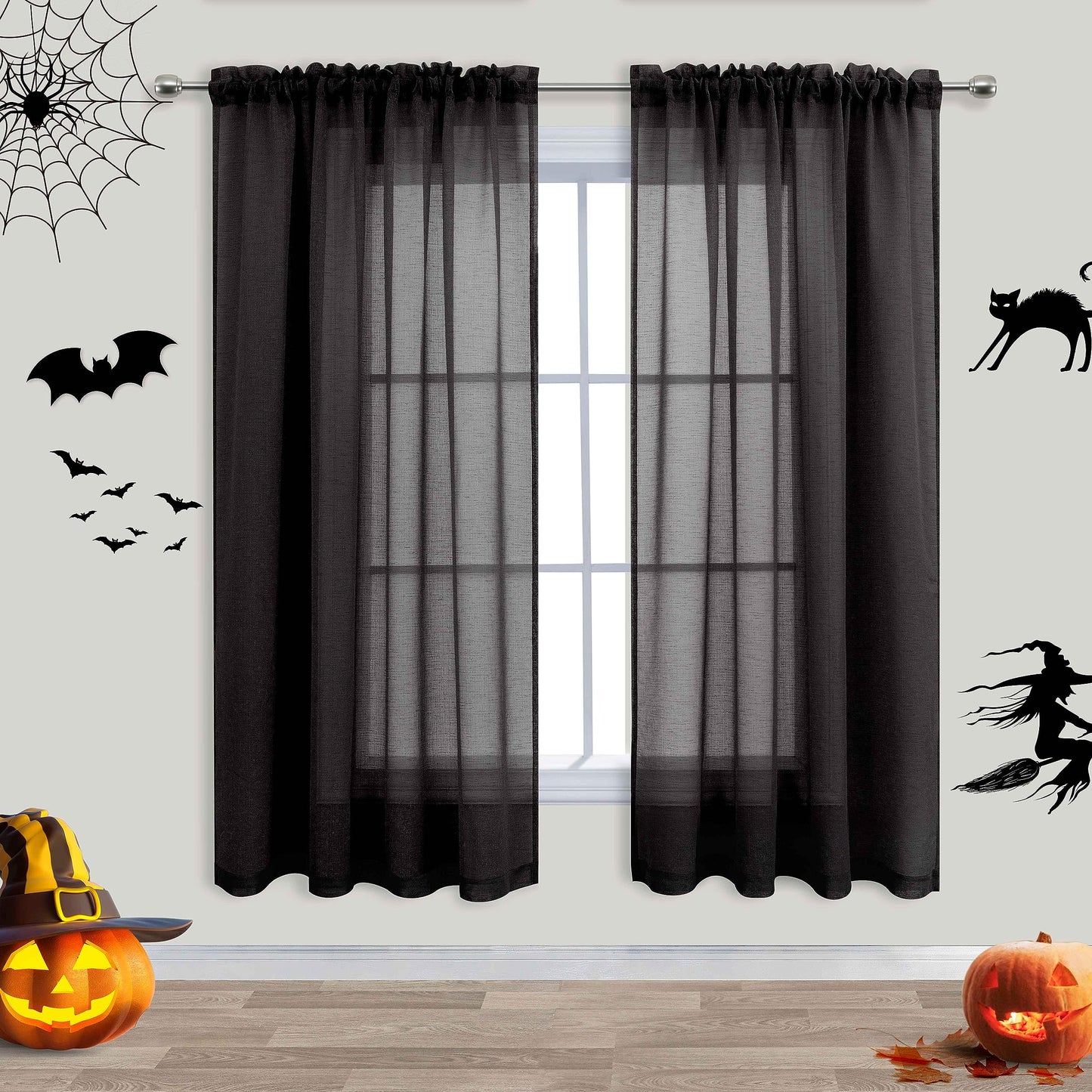 KOUFALL Sheer Black Curtains for Bedroom 2 Panels,Boho Window Curtains for Bathroom Kitchen Living Room 63 Inch Length