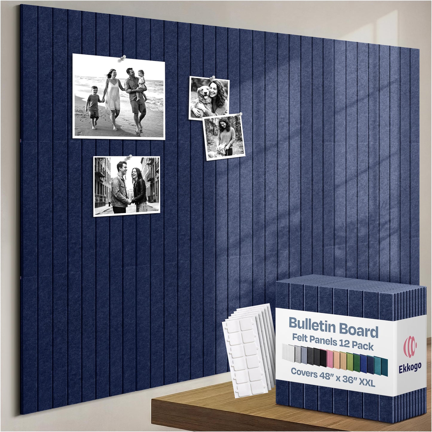 Ekkogo X-Large Cork Board Alternative 12-Pack Felt Bulletin Board Thick and Decorative Pin Board for Home Office Walls 47.24 x 35.43 Inches with 72 Adhesive Tabs - [Denim Blue]