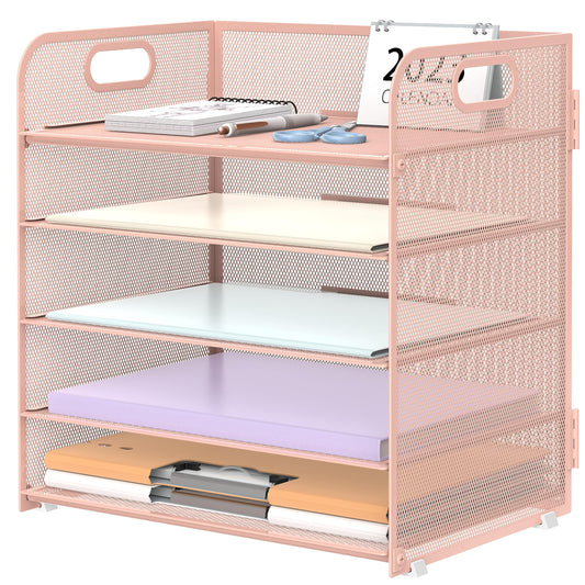 Supeasy 5 Trays Paper Organizer Letter Tray with Handle-Mesh Desk File Holders, Paper Sorter Desk Organizer for Office, Home, Classroom or School, Pink