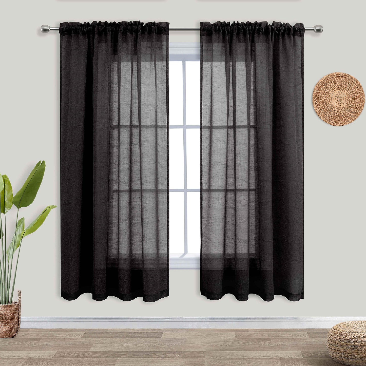 KOUFALL Sheer Black Curtains for Bedroom 2 Panels,Boho Window Curtains for Bathroom Kitchen Living Room 63 Inch Length