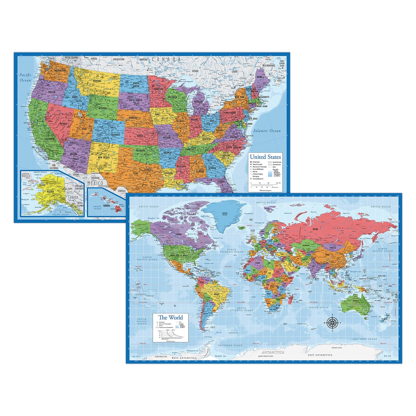 Laminated World Map & US Map Poster Set - 18" x 29" - Wall Chart Maps of the World & United States - Made in the USA - (LAMINATED, 18" x 29")