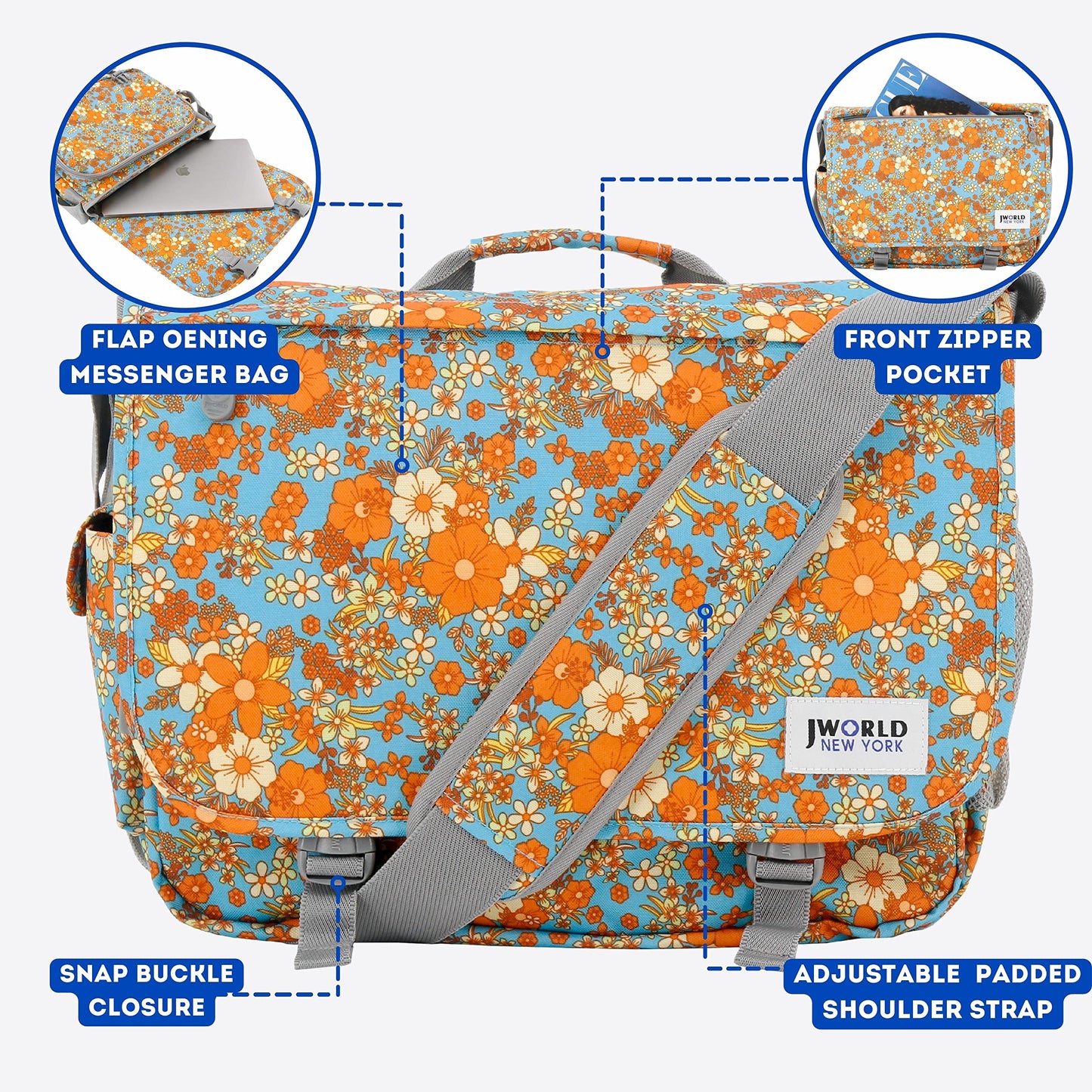 J World New York Thomas Laptop Messenger Bag for Women & Men. Girls Computer Bookbag, Retro Bloom