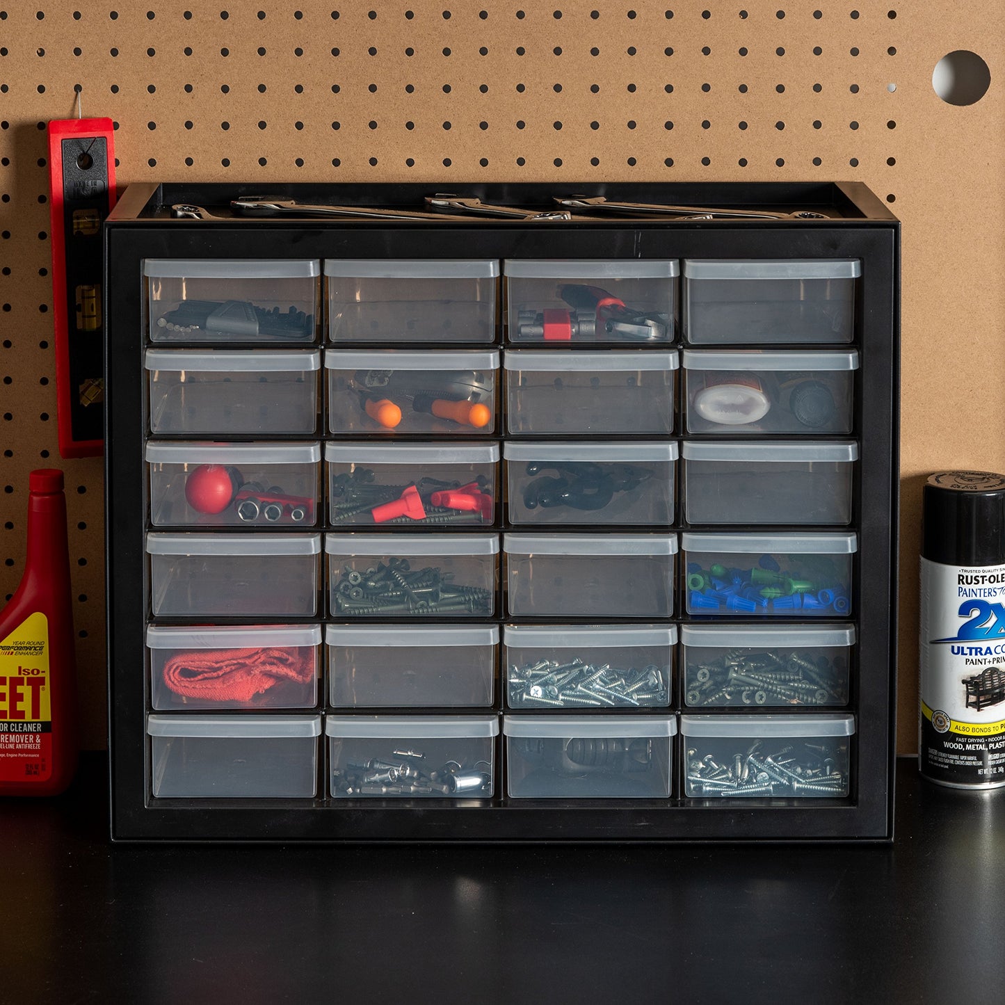 IRIS USA 24-Drawer Plastic Storage Organizer, Made in USA, Teacher Toolbox, Multi Drawer Cabinet For Garage Tools Beads Balloons Building Bricks Crafts Stickers Small Business Scrapbook Art, Black