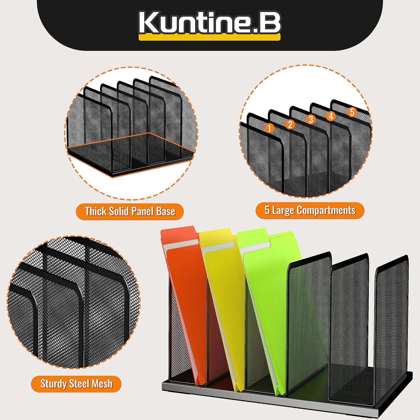 Kuntine.B Desk File Organizer Upright Mesh Desktop Organizer File Sorter Office Organization File Holder for Home, Office & Classroom (Black, 1 Pack 5-Section)